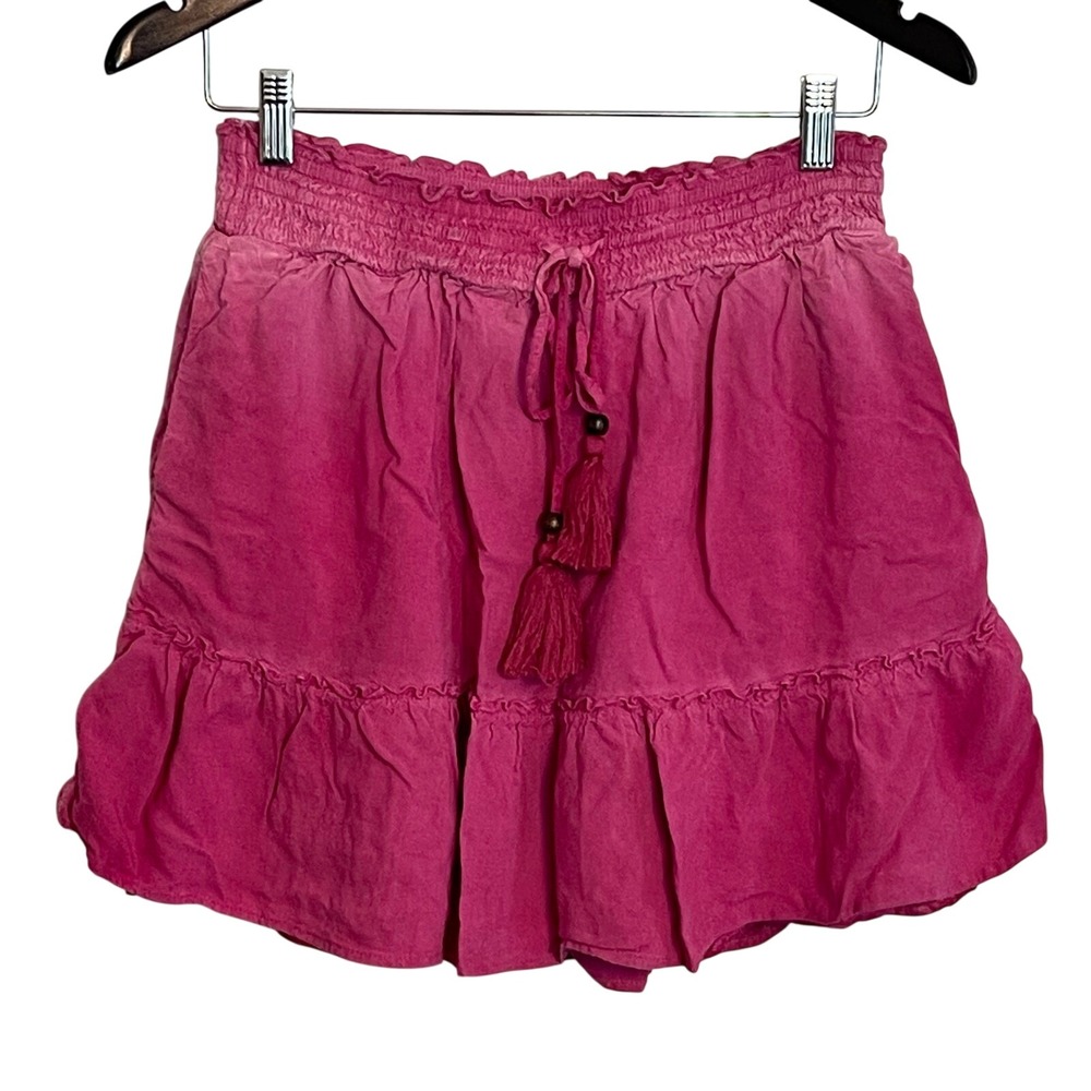 Pilcro Anthropologie Pink Smocked Tiered Ruffle Mini Skirt with Tassels Small